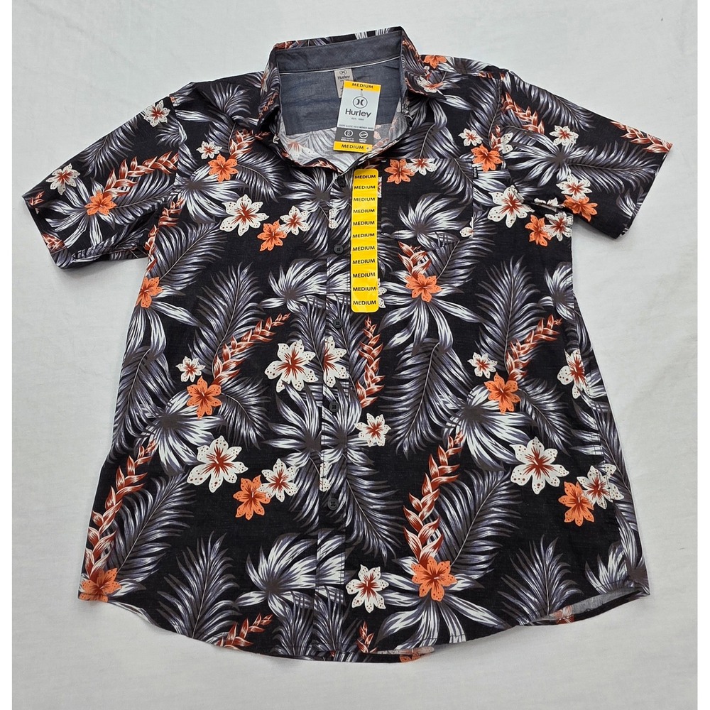 Hurley Mens Patio Woven Shirt Medium Black Tropical Floral Stretch Button‎ Down